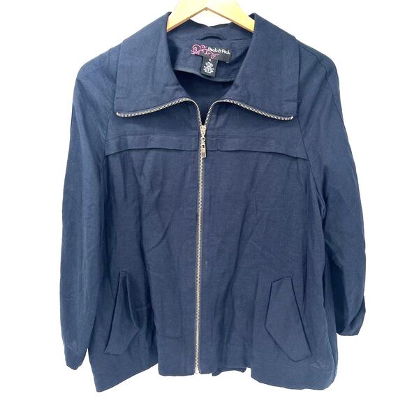Peck & Peck Jacket Womens XL Crop Navy Blue Full Zip Linen Tencel Lightweight - Picture 1 of 8